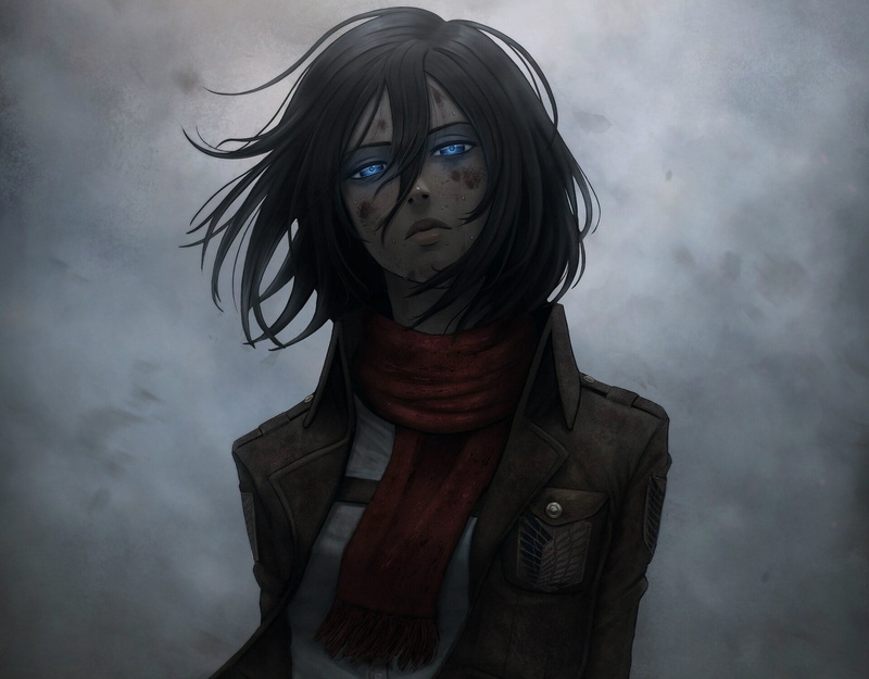 1080P, emblem, red scarf, The Invasion Of The Giants, art, grey background, military uniform, blue eyes, Jacob Noble, abrasion, Mikasa Ackerman, Shingeki