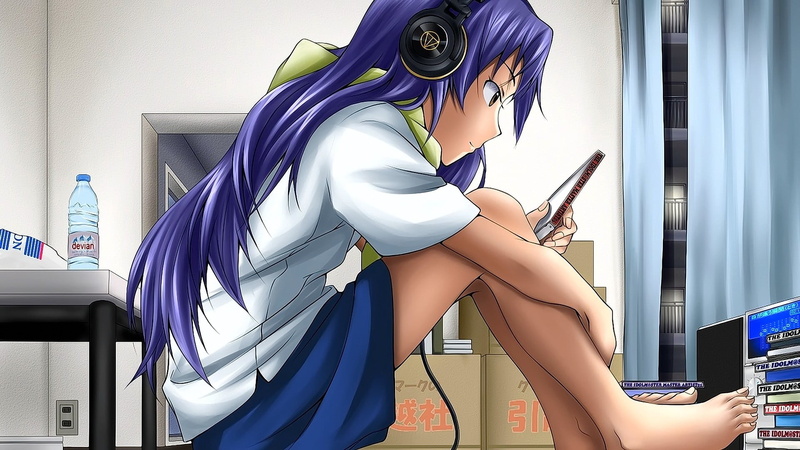 looking away, headsets, yellow eyes, anime girls, long hair, 1080P, school uniform, sitting, blue hair, anime