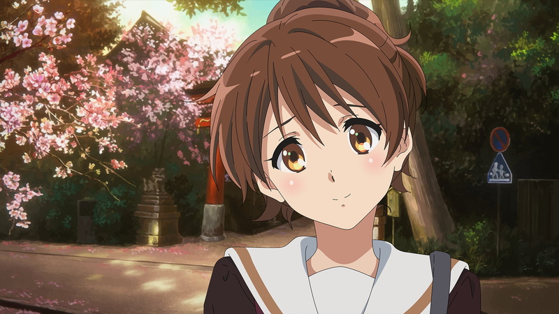 focus on foreground, yellow eyes, leisure activity, Hibike! Euphonium, brunette, headshot, plant, young adult, 1080P, lifestyles, close-up, tree, flower