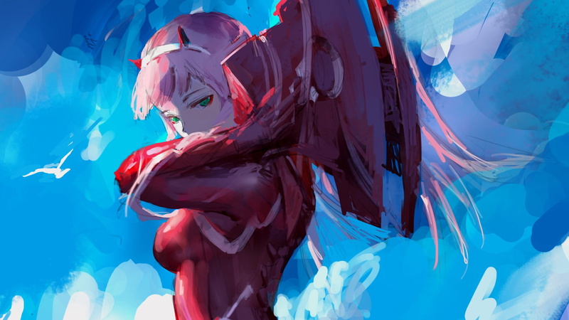anime, sky, sea, 1080P, blue, day, costume, Zero Two (Darling in the FranXX), swimming, water, no people, outdoors, sunlight, animal wildlife, red, Darling in the FranXX