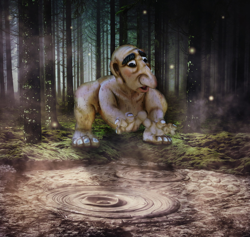 clumsy, green, swim, forest, domestic, light, dog, moist, bulbous nose, landscape, glowworm, composing, troll, funny, fantasy picture, fog, day, access