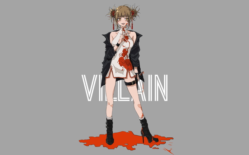 holding, white background, standing, copy space, front view, full length, Anime, looking at camera, portrait, studio shot, art and craft, Himiko Toga, representation