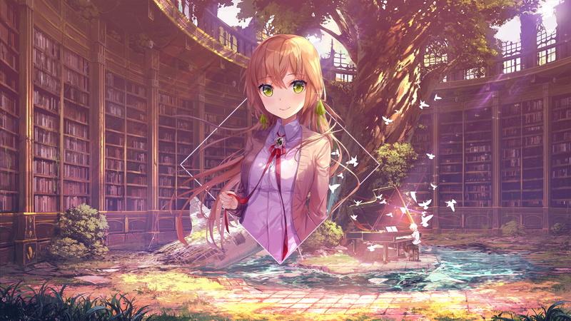 trees, picture-in-picture, anime girls, anime, piano, anime landscape, Photoshop, books, piture in picture, digital art, 1080P
