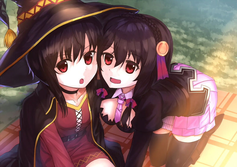 two people, outdoors, women, anime girls, portrait, red dress, front view, red eyes, Yunyun (Konosuba), leisure activity, men, Megumin, childhood, sunlight