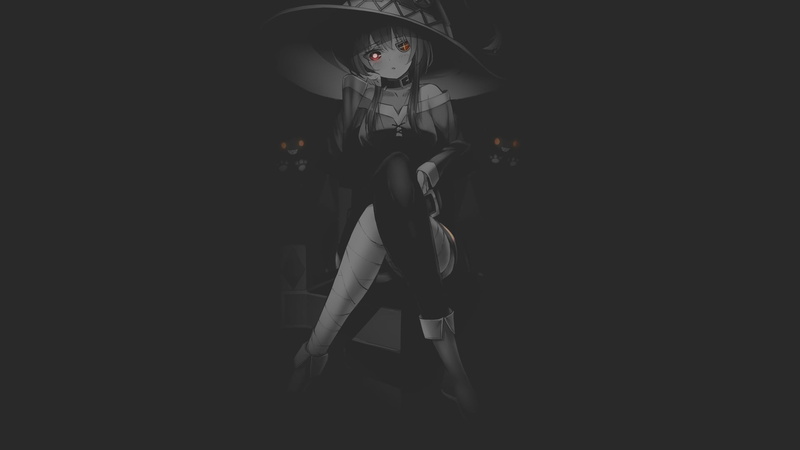 magic, monochrome, Megumin (KonoSuba), selective coloring, dark background, aonagi nemuri, fan art, cats, manga, anime girls, illustration, magic girl
