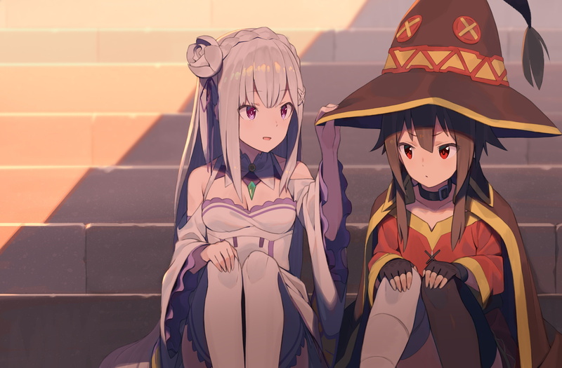 Emilia (Re: Zero), 4K, crossover, Re:Zero Kara Hajimeru Isekai Seikatsu, Megumin, Kono Subarashii Sekai ni Shukufuku wo!