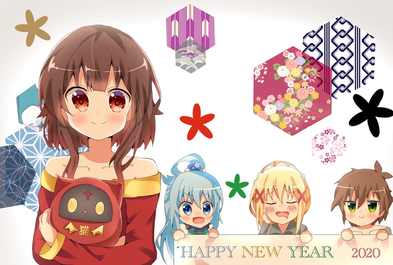 1080P, Megumin, Darkness (KonoSuba), anime girls, anime, New Year, 2020, Aqua (KonoSuba), Kazuma, Kono Subarashii Sekai ni Shukufuku wo!