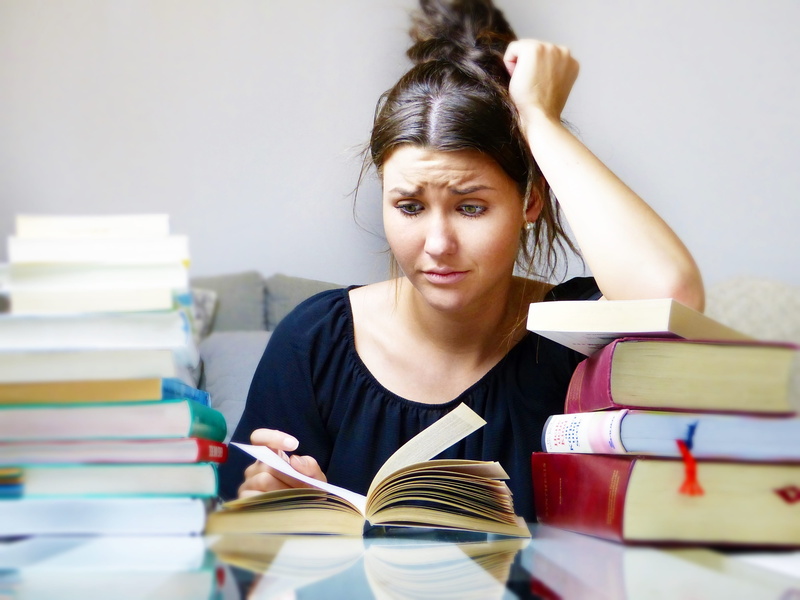 study, activity, students, books, indoors, overload, reading, textbook, 4K, time, medical, front view, stress, portrait, girl, expectations, concentration