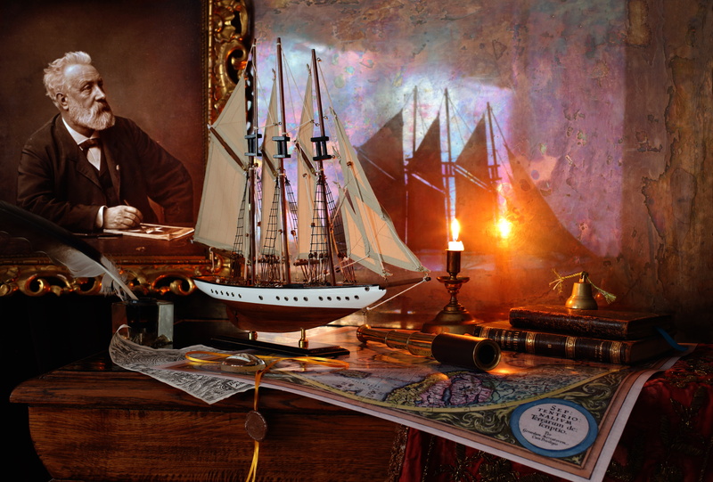 books, 8K, Jules Verne, picture, ship, sailboat, candle
