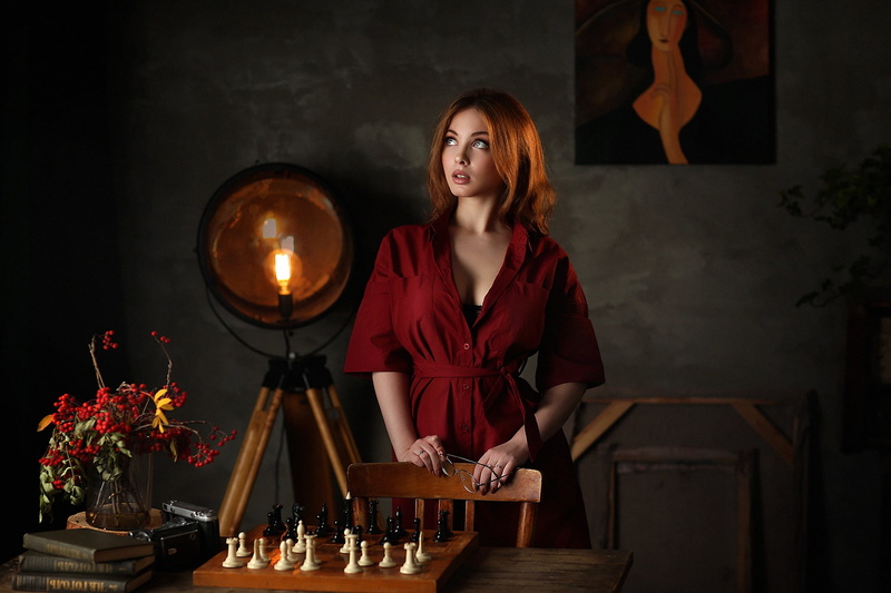 Elena, picture, 1080P, books, spotlight, mood, Dmitry Arhar, girl, Rowan, chess, berries