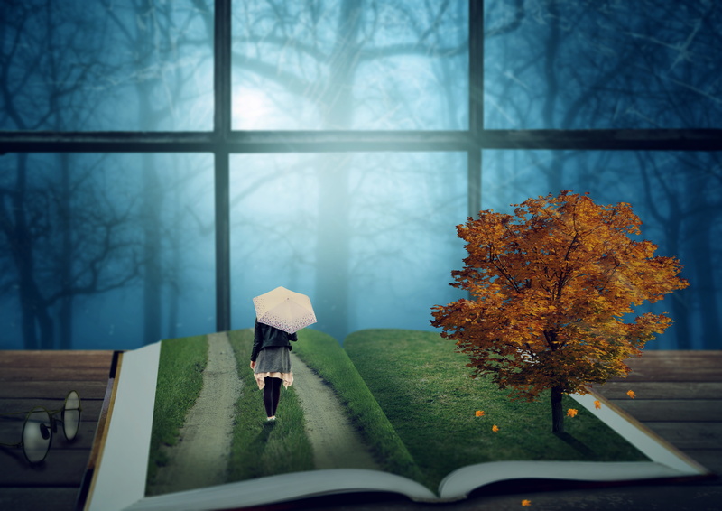 forest, rear view, umbrella, mood, day, screen, girl, window, change, magic, 5K, leaves, fantasy, outdoors, lifestyles, protection, open book, autumn