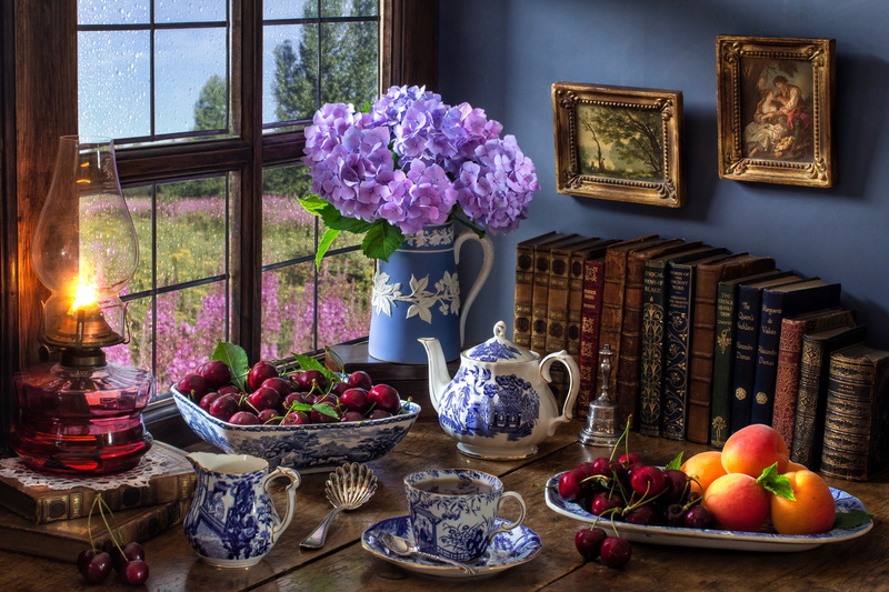 lamp, kettle, style, hydrangea, mug, berries, 5K, cherry, window, books, pictures, peaches, flowers, tea