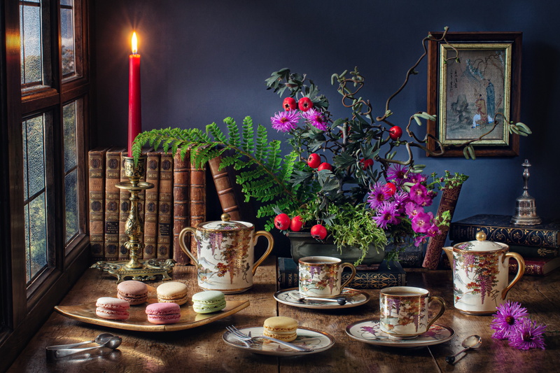 Cup, table, still life, flowers, cakes, 5K, dishes, candle, the tea party, picture, window, books