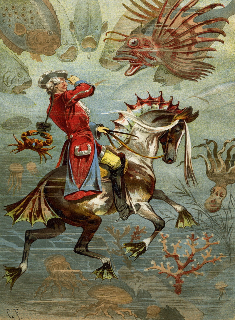 tall tales, religion, 4K, art and craft, baron munchausen, liar, he rode on the seahorse, representation, man, angel, paintings, painted, storyteller