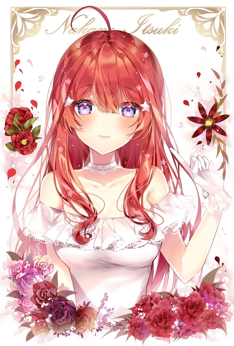 gloves, long hair, digital art, white gloves, 5-toubun no Hanayome, Nakano, flowers, artwork, vertical, white dress, simple background, red flowers, plants