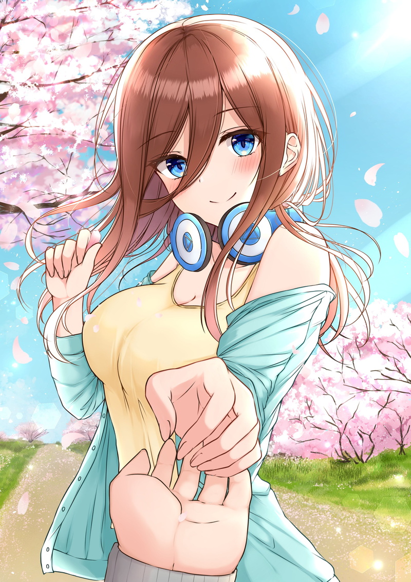 cherry blossom, Nakano Miku, headphones, 5-toubun no Hanayome, sweater, cleavage, 2K, anime girls, anime