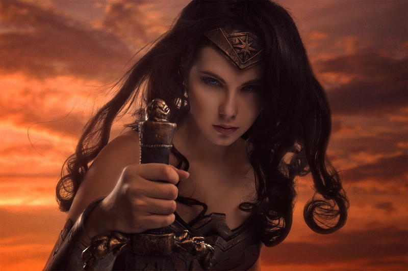 brunette, gauntlet, Diana, blade, film, sword, strong, cosplay, cinema, warrior, ken, blue eyes, DC Comics, armor, 1080P, Wonder Woman, movie, Themyscira