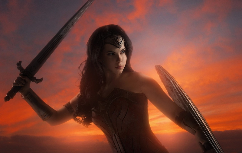 DC Comics, 1080P, brunette, Diana, movie, shield, Themyscira, strong, gauntlet, Wonder Woman, film, cosplay, armor, cinema, sword, ken, warrior, blade
