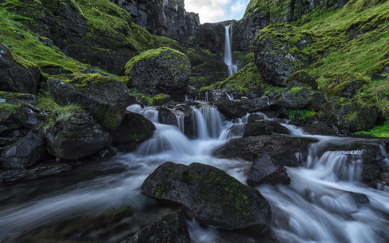 green, waterfall, landscape, desktop, hd, moss, water, nature, rain, smooth, 4K, peninsula, iceland, snaefellsness, rocks