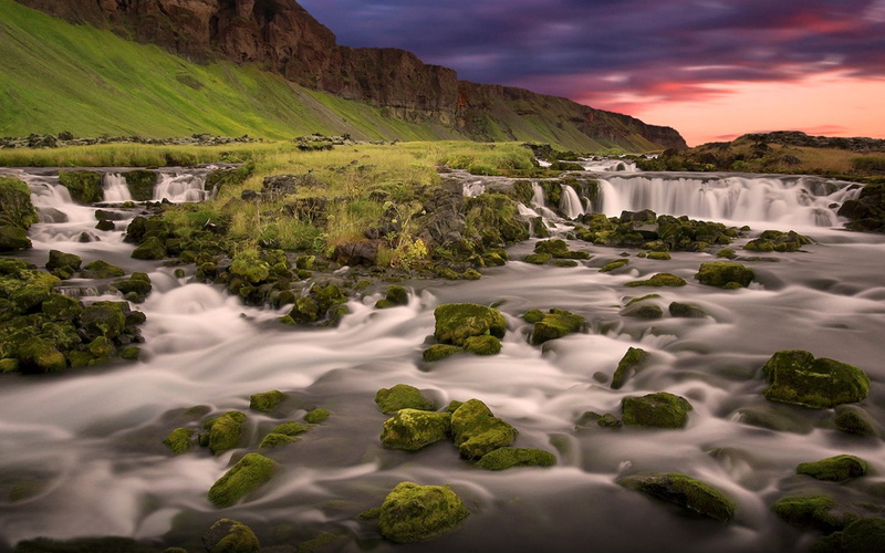 moss, lovely, dark, green, mountains, iceland, waterfall, 2K, sky, nature, desktop, clouds, rocks