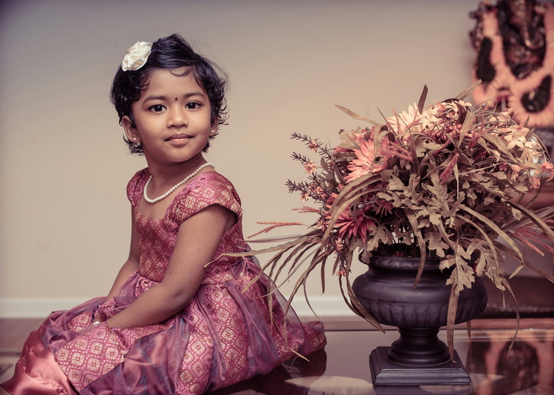 kid, innocence, girl, looking at camera, inside, dress, room, childhood, indoors, young, girls, sitting, real people, focus on foreground, indian, plant