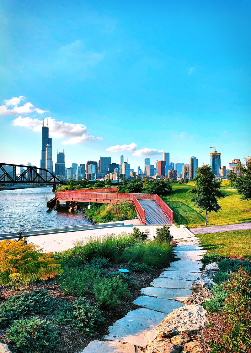 sky, clouds, bridge, blue, illinois, water, skyscraper, plant, 1600 s grove st, building exterior, no people, building, architecture, chicago, day, nature
