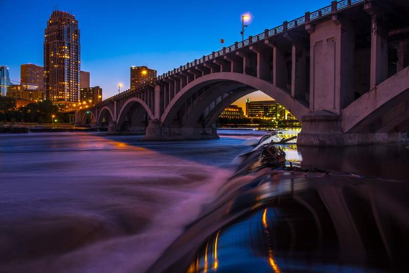dusk, city, illuminated, cityscape, minneapolis, night, architecture, urban Scene, x-t1, urban Skyline, river, blue hour, white, nuit, white bridge, bridge