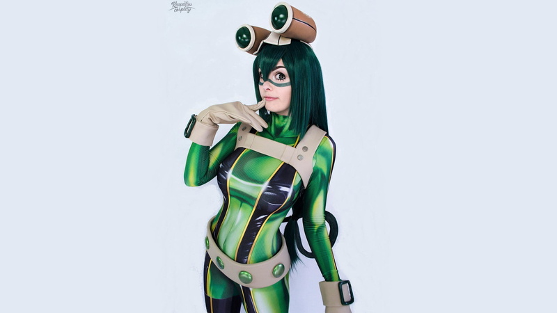 Tsuyu Asui, green hair, My Hero Acadamia, cosplay, Asui Tsuyu, 1080P, Boku no Hero Academia, simple background, kinpatsu cosplay, model, women