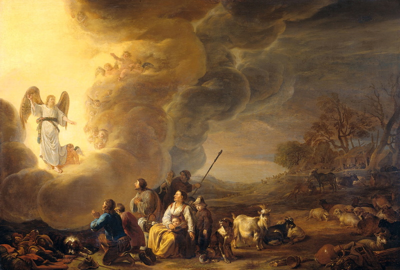 mythology, A proclamation to the Shepherds, tree, 1080P, Cornelis Saftleven, picture, oil