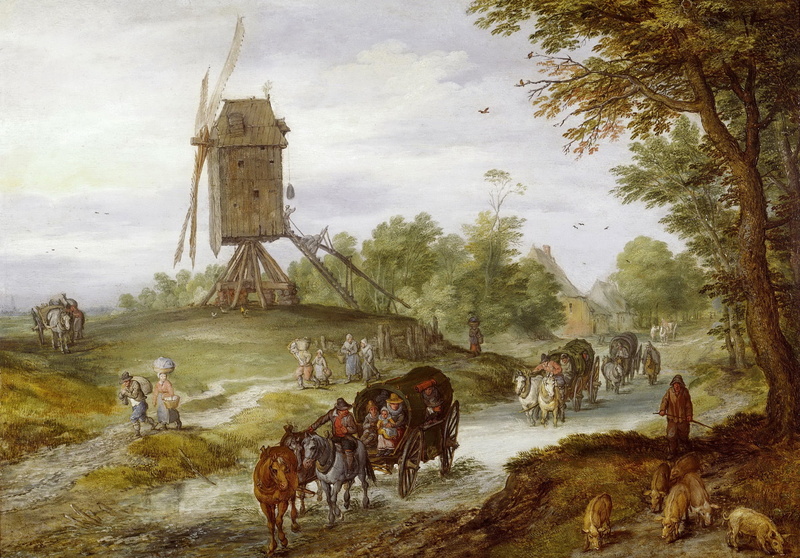 wagon, road, Landscape with a Windmill, picture, Jan Brueghel the elder, 1080P, people