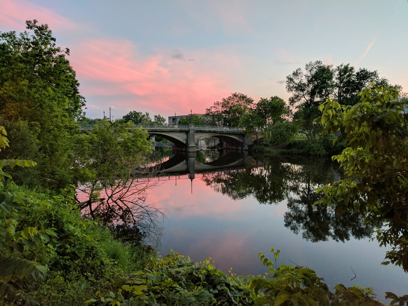 québec, red sky, saint-jérôme, trees, calm, sky, cloud - sky, bridge, architecture, water, city, urban, quebec, green color, no people, bridge - man made structure