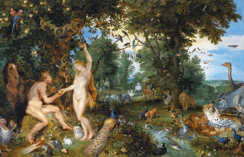 animals, birds, the sky, эдемский сад, trees, Apple, Paradise, Ян Брейгель де Ауд, изображение первородного греха, Peter Paul Rubens, 1615 год, первородного грех