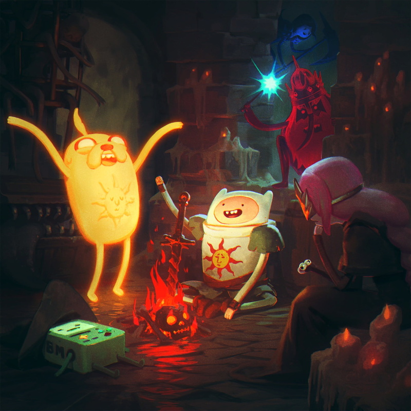 Princess Bubblegum, Ice King, fin, Jake, BMO, Adventure Time, fan art, Praisethesun, dark, Solaire, Dark Souls, 1080P