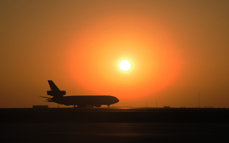 sun, sky, on the move, scenics - nature, airport, orange color, McDonnell Douglas KC-10 Extender, sunlight, plane, military aircraft, travel, sunset, aerospace industry