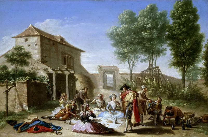 picture, house, 7 Francisco Bayeux and Subias, 1080P, Picnic, people, cloak, genre, guitar