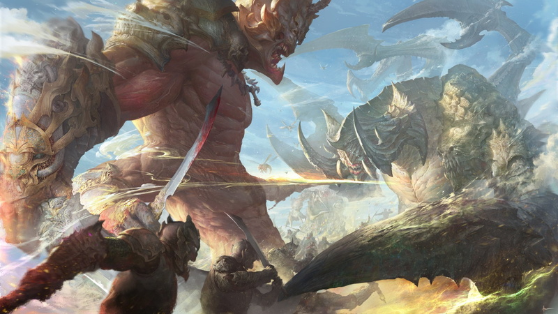 Fantasy, water, 1080P, Creature, Battle, art and craft, Warrior, human representation, Giant, mountain, solid, beauty in nature, rock, close-up, rock formation