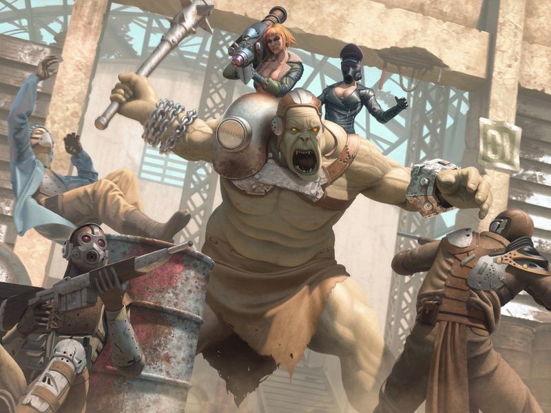 girl, fan art, arena, Bazooka, battle, gas mask, raiders, 1080P, giant, super mutant, fallout, mutant, mask, fiction