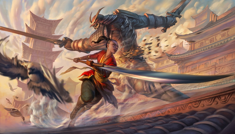 tiles, katana, buildings, fantasy, Golem, girl, roof, giant, birds, sword, artwork, weapon, fantasy art, battle, 1080P, Samurai, warrior, architecture