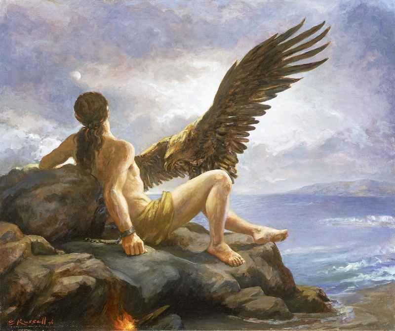 mythology, Prometheus (mythology), statue, fire, cloud - sky, eagle, painting, animal, animal representation, rock, sky, representation, animal themes