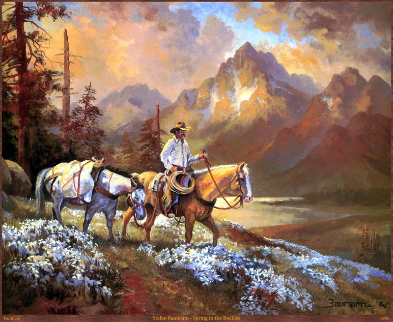 nature, riding, stefan, tan, animal, animals, man, mountain, rockies, stefan baumann, sunset, white, spring, painting, horse, beside, 1080P, baumann