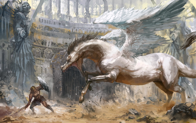 man, creature, wings, sculpture, building, warrior, day, animal wildlife, outdoors, fighting, 2K, horse, shield, mythical, art and craft, representation
