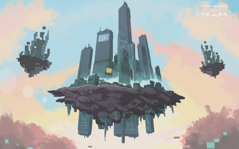 porter robinson drawing digital art pixel art skyscraper floating island, 1080P