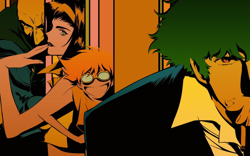 tree, anime, silhouette, wall - building feature, day, orange color, mural, Faye Valentine, nature, Cowboy Bebop, Spike Spiegel, Jet Black, built structure