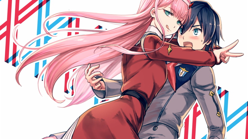 anime girls, red, anime, pink hair, white skin, 1080P, Darling in the FranXX, white background, Zero Two (Darling in the FranXX), Code:016 (Hiro)