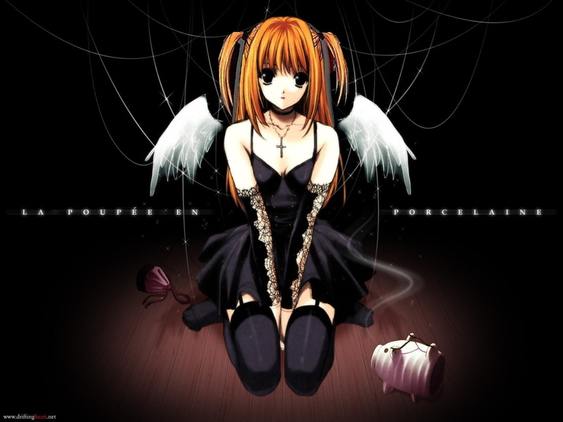 representation, illuminated, hairstyle, Death Note, young adult, beautiful woman, black background, studio shot, front view, sitting, one person, women