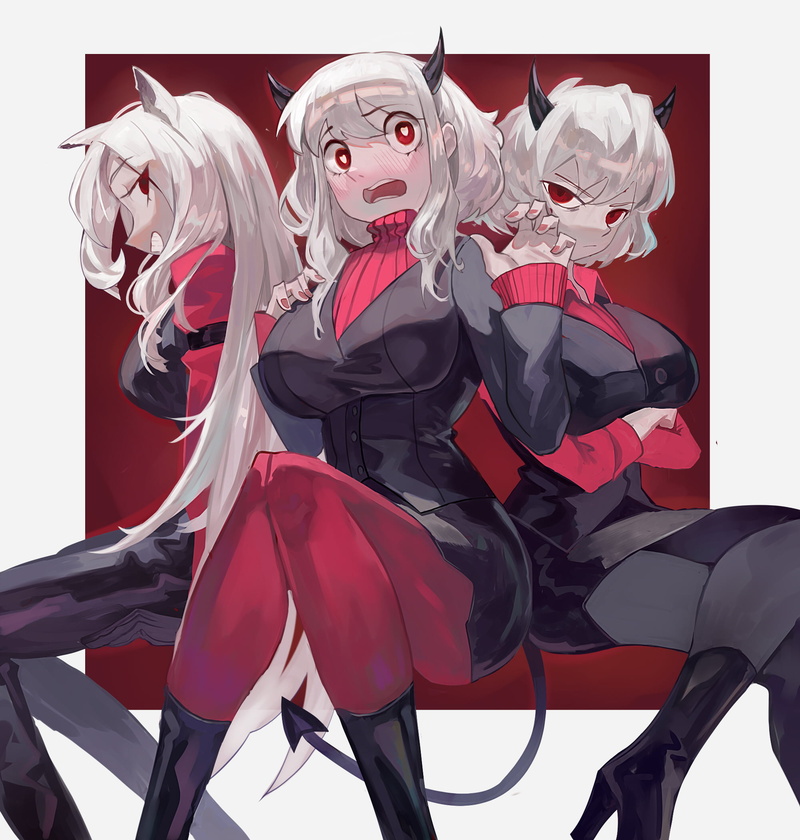 anime, simple background, Helltaker, 1080P, Cerberus (Helltaker), anime girls, Vic, Malina (Helltaker), Modeus (Helltaker)