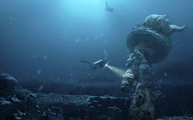 Statue of Liberty, divers, Photoshop, futuristic, underwater, Platinum Conception s, 720P, digital art