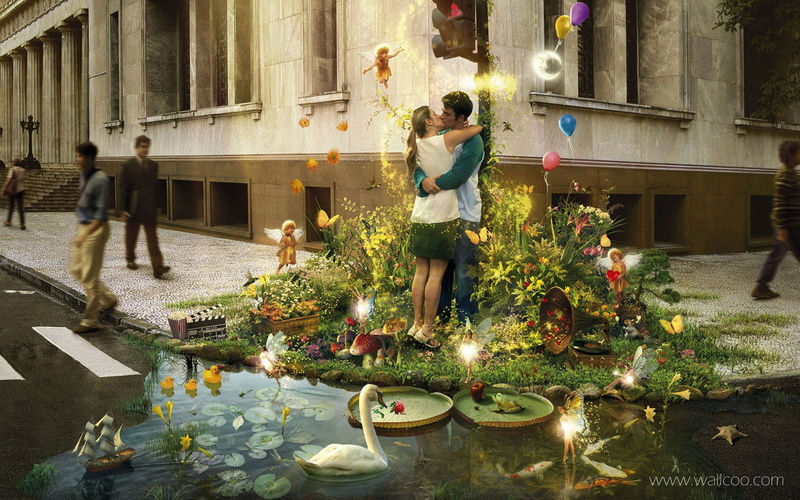 720P, fantasy art, Platinum Conception s, Photoshop, love, women, urban, kissing, men