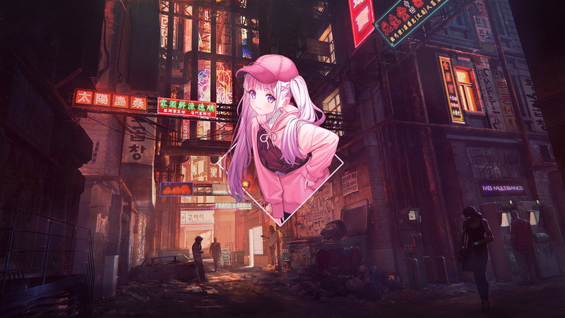 anime, Photoshop, street art, anime girls, 1080P, digital art, Platinum Conception s, picture-in-picture