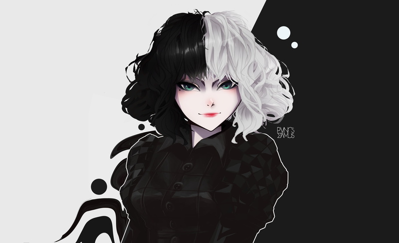 green eyes, white, Cruella, PanosStamo, 4K, digital art, black, white hair, Disney Pixar, illustration, black hair, fantasy girl, anime girls, Disney
